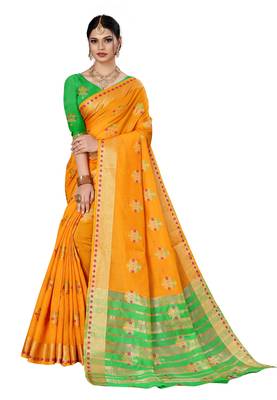 Yellow woven chanderi silk saree with blouse 4