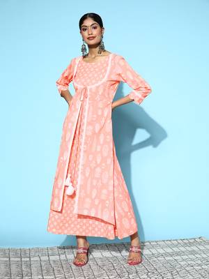 Peach printed cotton long-dresses 1
