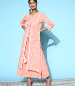 Peach printed cotton long-dresses