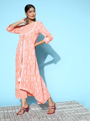 Peach printed cotton long-dresses 2