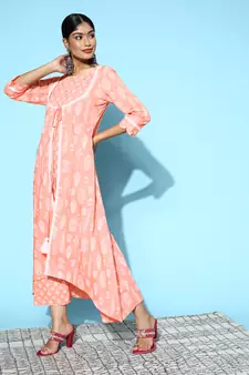 Peach printed cotton long-dresses