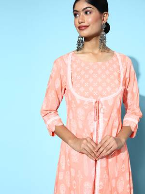 Peach printed cotton long-dresses 4
