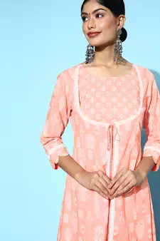 Peach printed cotton long-dresses