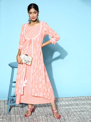 Peach printed cotton long-dresses 5