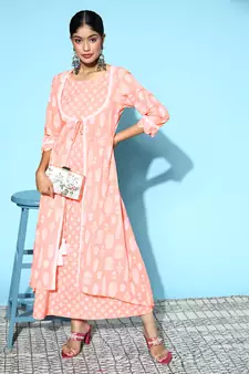 Peach printed cotton long-dresses