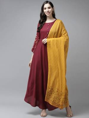 Maroon plain viscose rayon long-dresses 1