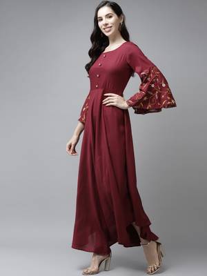 Maroon plain viscose rayon long-dresses 2