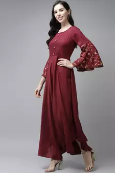 Maroon plain viscose rayon long-dresses