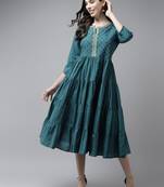 Teal embroidered cotton long-dresses
