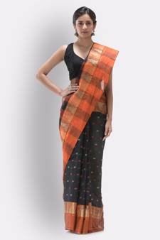 Self Temple Design Tant Pure Cotton Saree (Black) Without Blouse