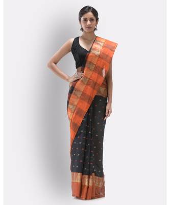 Self Temple Design Tant Pure Cotton Saree (Black) Without Blouse 1