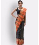 Self Temple Design Tant Pure Cotton Saree (Black) Without Blouse