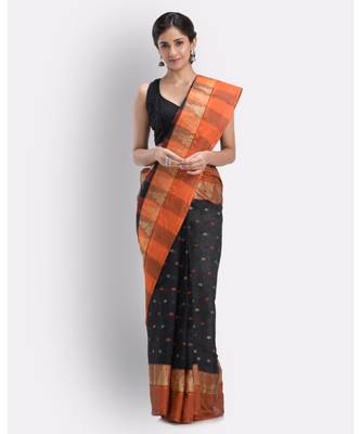 Self Temple Design Tant Pure Cotton Saree (Black) Without Blouse 2