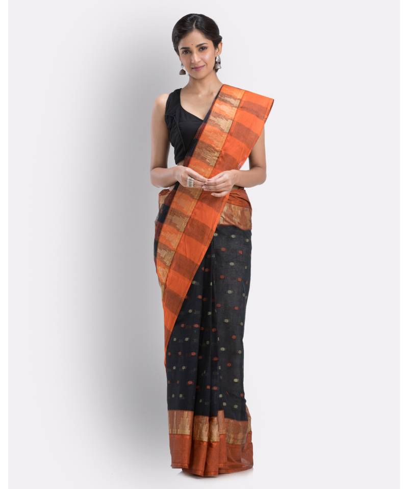 Self Temple Design Tant Pure Cotton Saree (Black) Without Blouse
