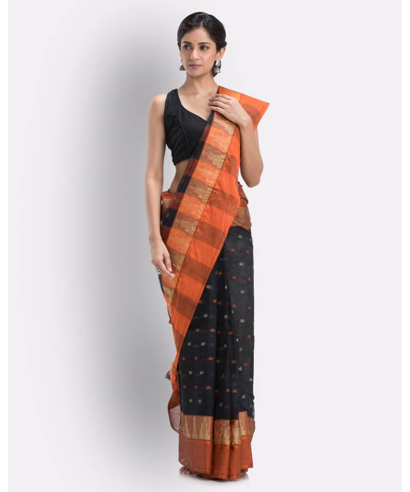 Self Temple Design Tant Pure Cotton Saree (Black) Without Blouse