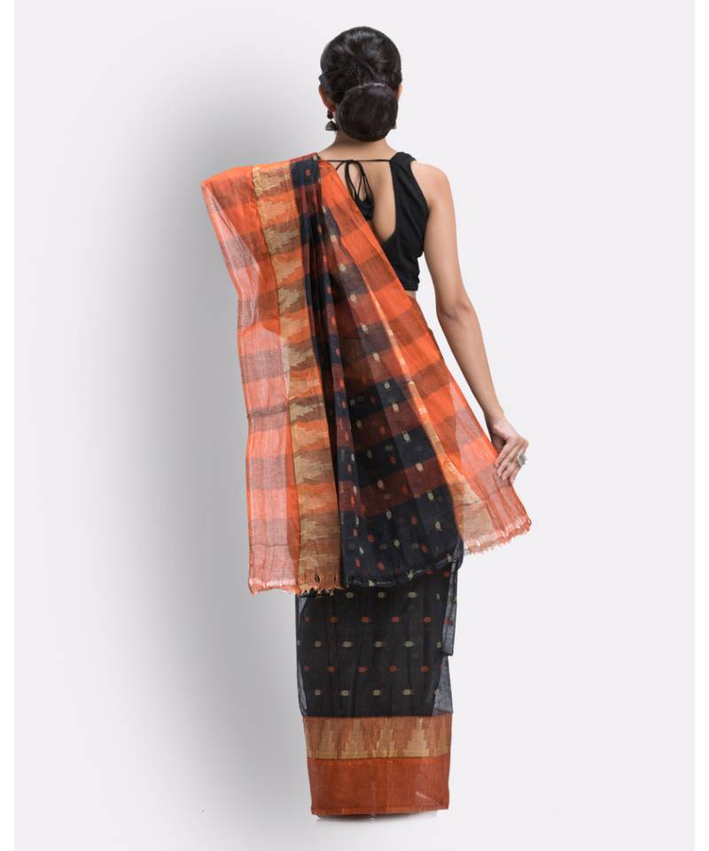 Self Temple Design Tant Pure Cotton Saree (Black) Without Blouse