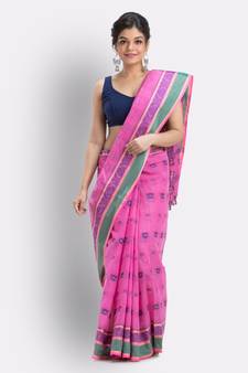 Pink Woven Design Pure Cotton Handwoven Taant Saree Without Blouse