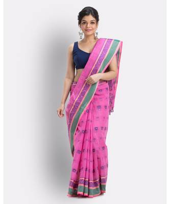 Pink Woven Design Pure Cotton Handwoven Taant Saree Without Blouse 1