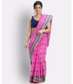 Pink Woven Design Pure Cotton Handwoven Taant Saree Without Blouse