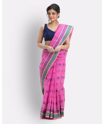 Pink Woven Design Pure Cotton Handwoven Taant Saree Without Blouse 2