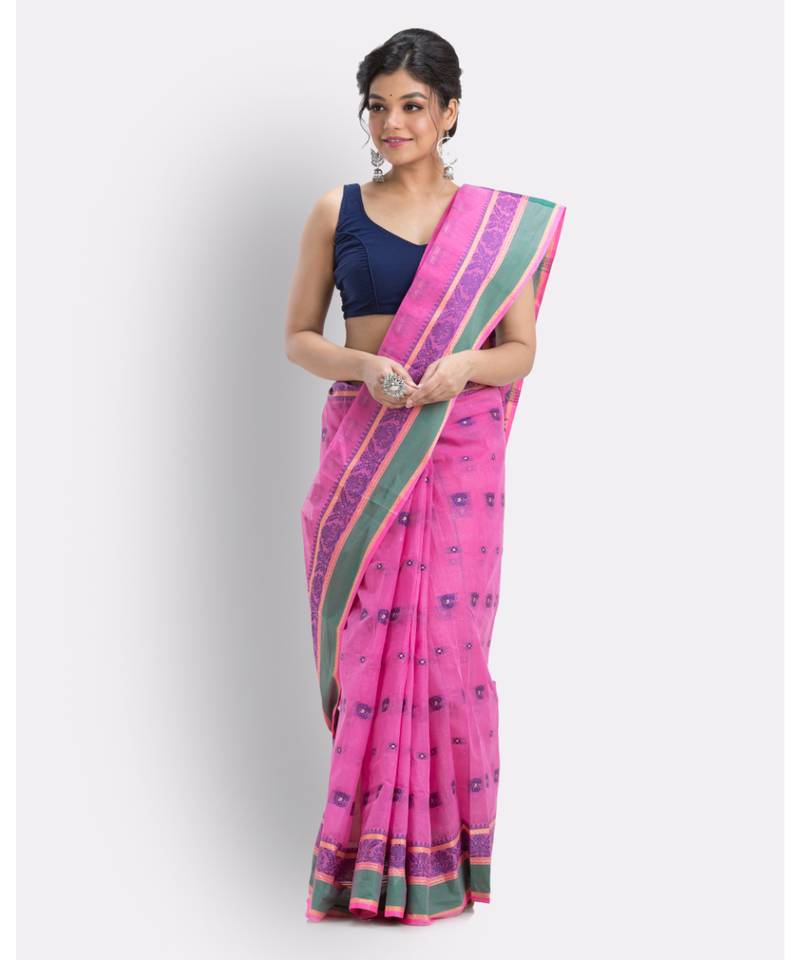 Pink Woven Design Pure Cotton Handwoven Taant Saree Without Blouse