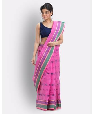 Pink Woven Design Pure Cotton Handwoven Taant Saree Without Blouse 3