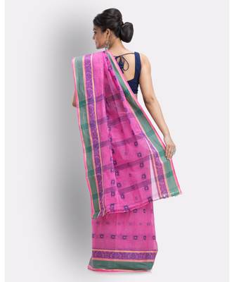 Pink Woven Design Pure Cotton Handwoven Taant Saree Without Blouse 4