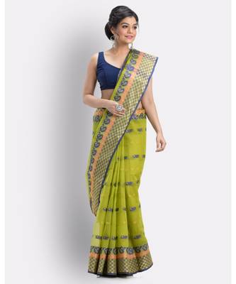 Woven Tant Pure Cotton Saree (Olive) Without Blouse 1