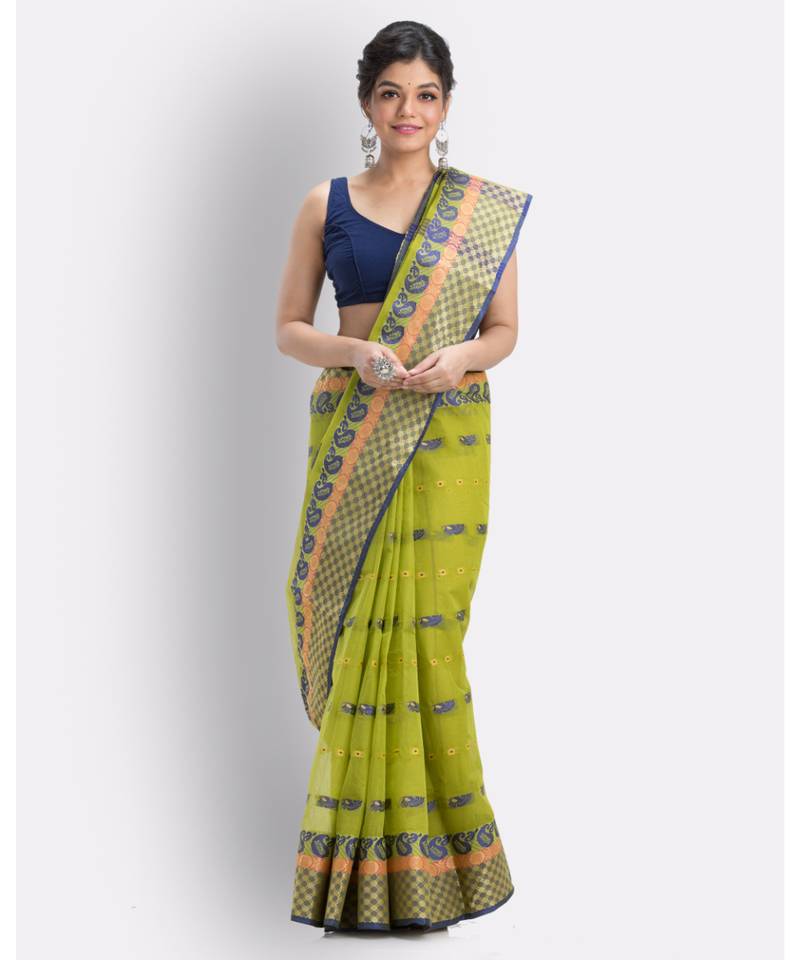 Woven Tant Pure Cotton Saree (Olive) Without Blouse