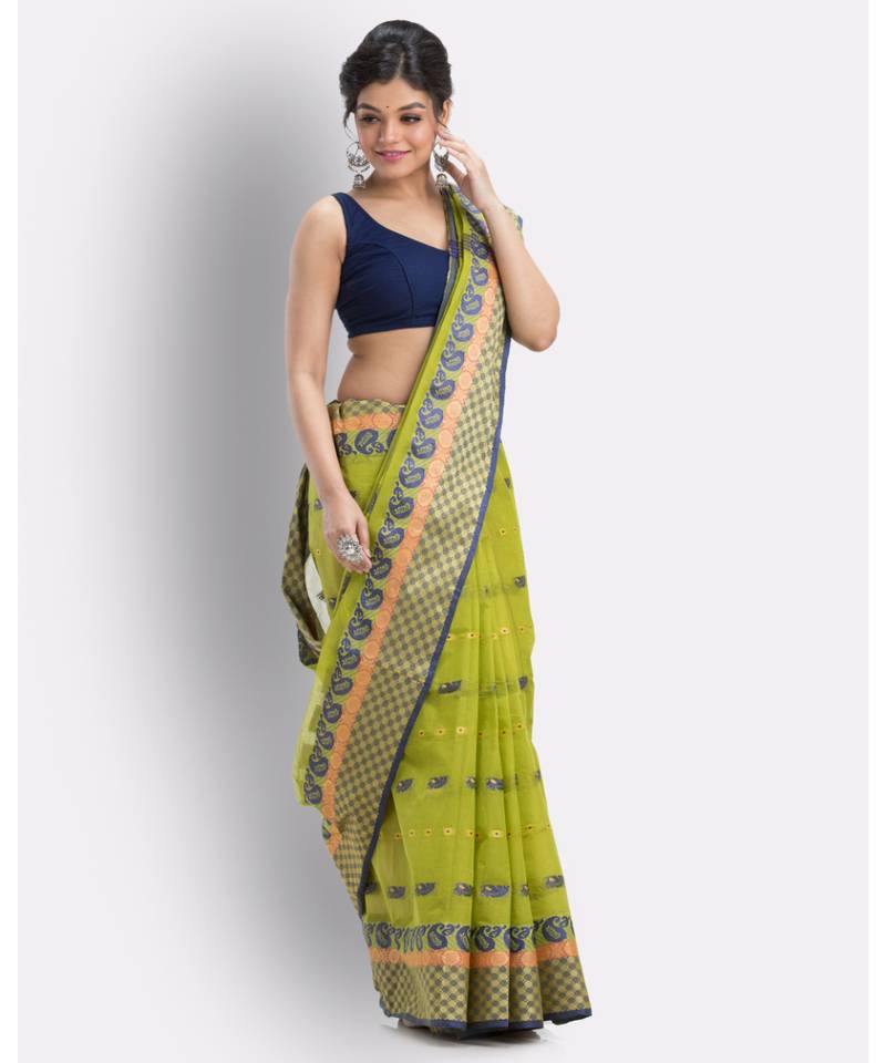 Woven Tant Pure Cotton Saree (Olive) Without Blouse