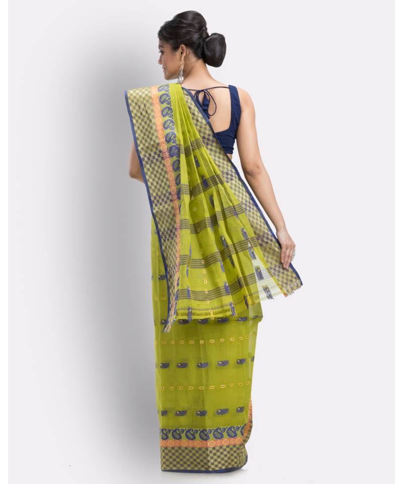 Woven Tant Pure Cotton Saree (Olive) Without Blouse