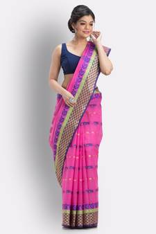 Woven Tant Pure Cotton Saree (Rani Pink) Without Blouse