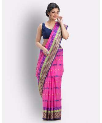 Woven Tant Pure Cotton Saree (Rani Pink) Without Blouse 1