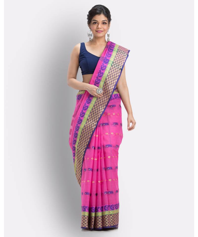 Woven Tant Pure Cotton Saree (Rani Pink) Without Blouse