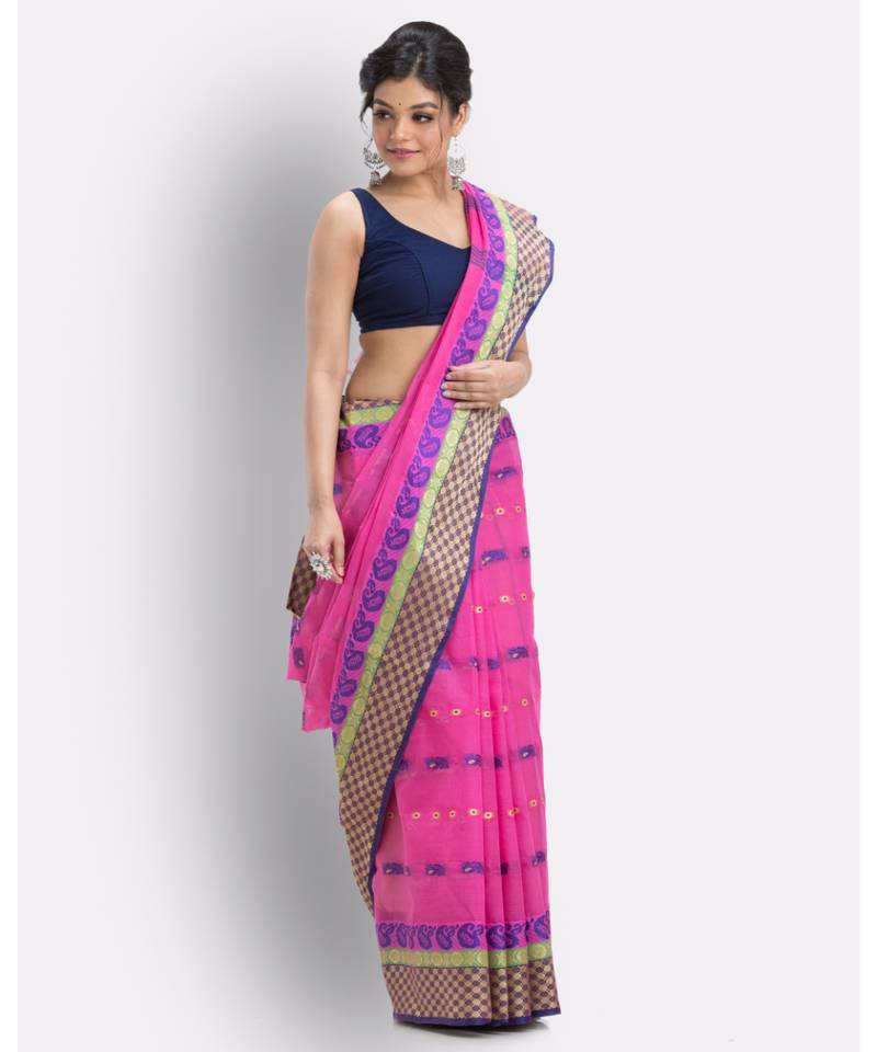 Woven Tant Pure Cotton Saree (Rani Pink) Without Blouse