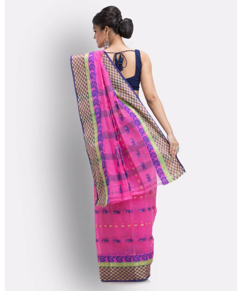 Woven Tant Pure Cotton Saree (Rani Pink) Without Blouse