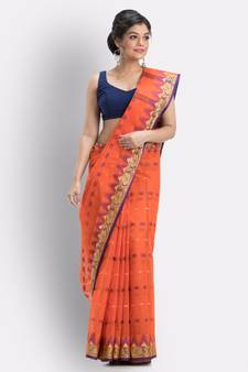 Handloom Pure Cotton Tant Saree In Orange Without Blouse