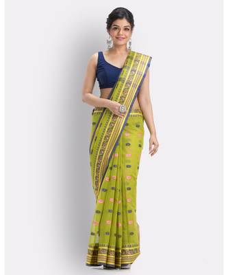 Woven Self Design Bengal Cotton Olive Tangail Tant Saree 1