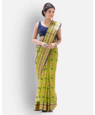 Woven Self Design Bengal Cotton Olive Tangail Tant Saree 2