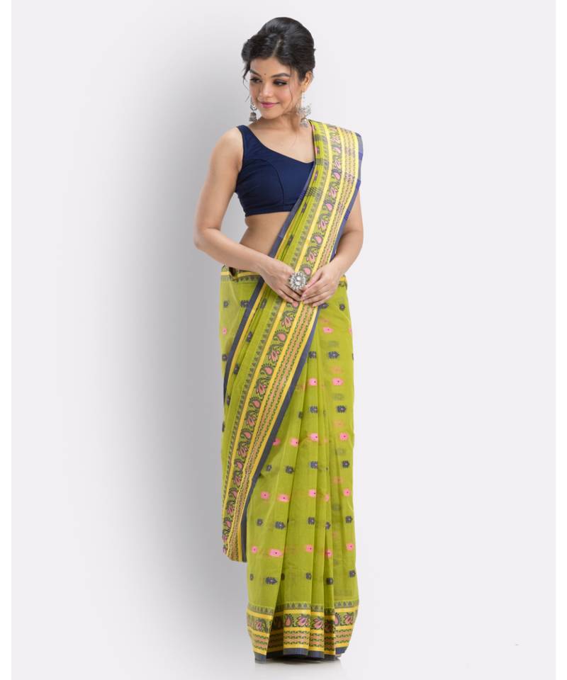 Woven Self Design Bengal Cotton Olive Tangail Tant Saree