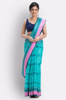 Skyblue Woven Design Pure Cotton Handwoven Taant Saree Without Blouse