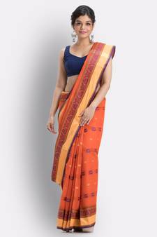 Orange Woven Design Pure Cotton Handwoven Taant Saree Without Blouse