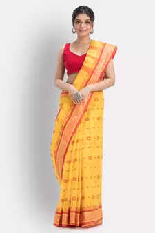 Yellow Pure Cotton Taant Saree