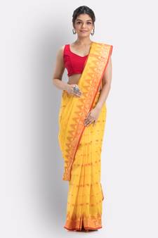 Handloom Pure Cotton Tant Saree In Yellow Without Blouse