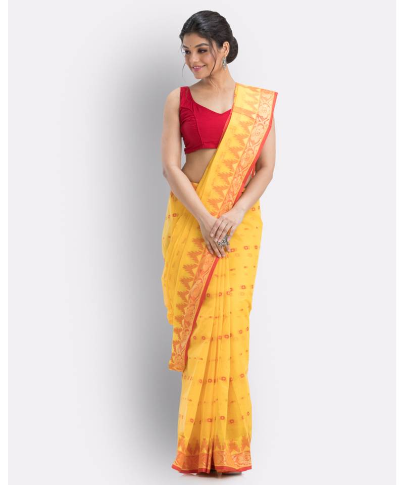 Handloom Pure Cotton Tant Saree In Yellow Without Blouse