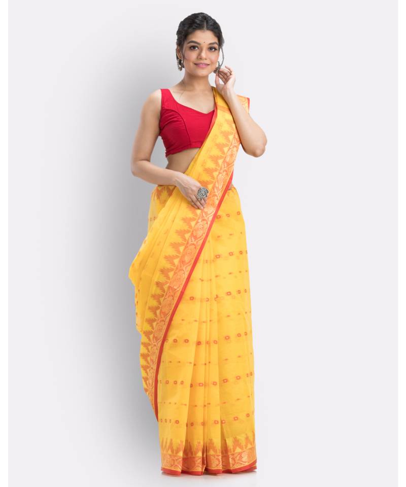 Handloom Pure Cotton Tant Saree In Yellow Without Blouse