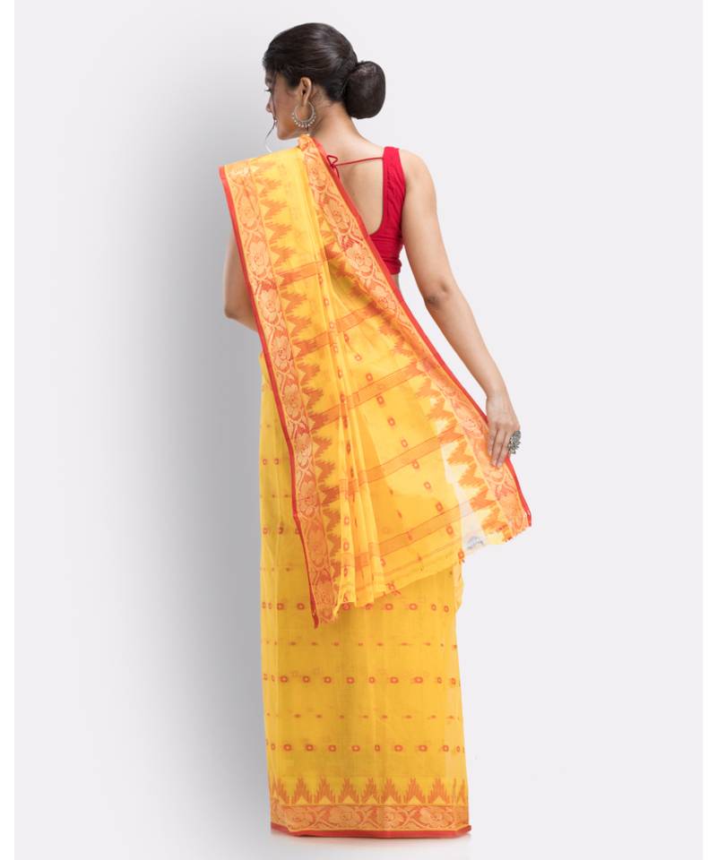 Handloom Pure Cotton Tant Saree In Yellow Without Blouse