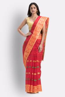 Indian Women Red Tant Cotton Saree Without Blouse