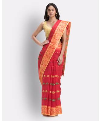 Indian Women Red Tant Cotton Saree Without Blouse 1
