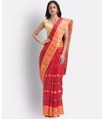 Indian Women Red Tant Cotton Saree Without Blouse
